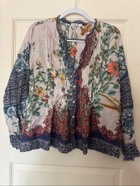 Johnny Was Multicolor Floral Pintuck Button Blouse